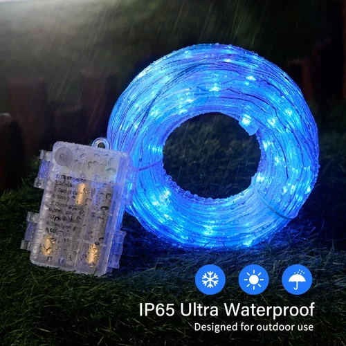 Vista 6 de Guirnalda de 100 luces LED de 33 pies, funciona con pilas, impermeable, funciona con pilas, luces de piscina al aire libre, 8 modos de luces azules