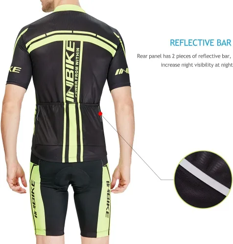 Vista 3 de INBIKE Conjunto de camiseta de ciclismo para hombre, reflectante, transpirable, traje de ciclismo de secado rápido, con pantalones cortos acolchados