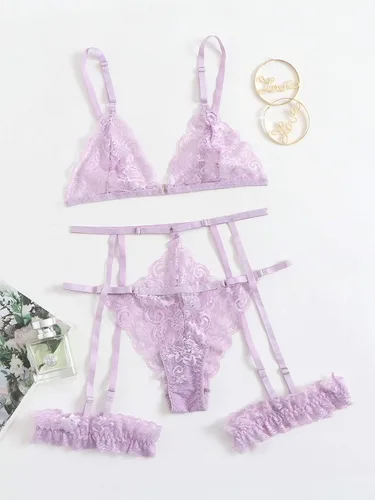 Vista 5 de WDIRARA - Conjunto de lencería para mujer, 3 piezas, malla floral