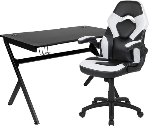 Vista 36 de Flash Furniture Juego de escritorio para juegos negro y silla de carreras blanco/negro con soporte para tazas, gancho para auriculares y soporte