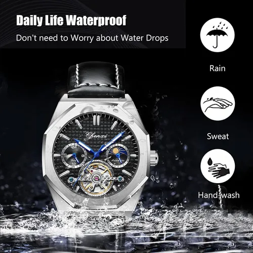Vista 5 de RORIOS Reloj mecánico automático para hombre con correa de piel cuerda automática Tourbillon