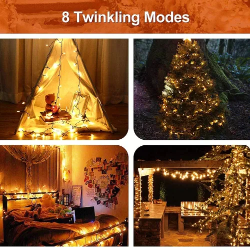 Vista 4 de MASHANG Luces de Navidad – Cadena de luces a pilas, 50 luces LED, miniluces, 8 modos, cable verde, mini juego de luces con temporizador para árbol