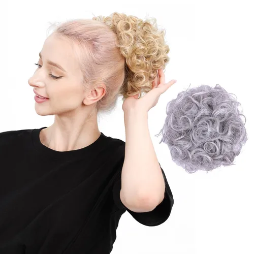 Vista 8 de Moño de cabello rizado desordenado, pieza de cabello sintético resistente al calor, extensiones de moño de cabello despeinado con cordón Updos Negro