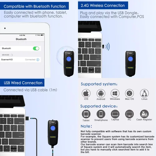 Vista 2 de NADAMOO Escáner de código de barras inalámbrico compatible con función Bluetooth, 2.4G inalámbrico y con cable, escáner de código de barras 3 en 1