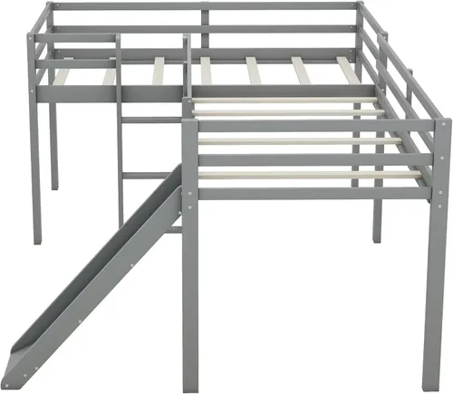 Vista 8 de Merax Cama doble tipo loft de tamaño individual con tobogán y escalera, marco de cama de madera en forma de L con barandilla de longitud completa