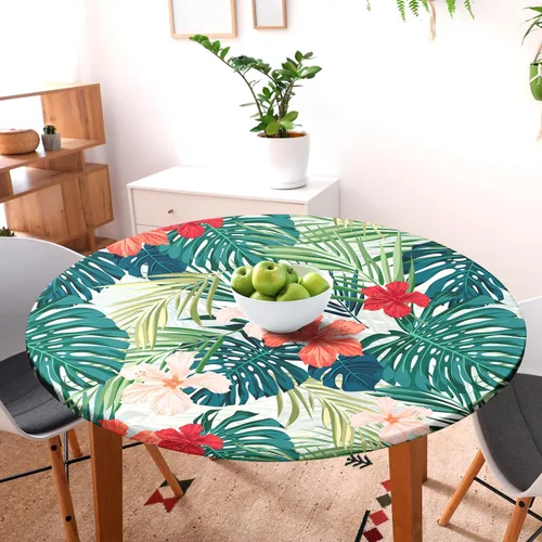 Vista 2 de Round Tablecloth Palm Flowers Fitted Tablecloth with Elastic Round Outdoor Tablecloths for Tables Waterproof Reusable Table Cover for Indoor and