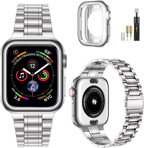 Vista 14 de MioHHR - Correas sólidas de acero inoxidable compatibles con Apple Watch de 38 mm, 40 mm, 41 mm, correa de metal con estuche suave de TPU para Negro