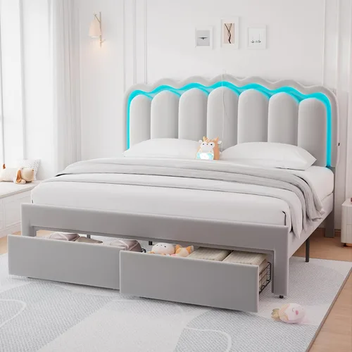 Vista 16 de Marco de cama LED tapizado individual con cajón de almacenamiento y cabecera doble ondulada ajustable, cama de plataforma de terciopelo