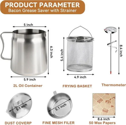 Vista 5 de Recipiente de Filtro de Aceite de 2L para Guardar Grasa de Tocino con Colador, Recipiente de Grasa de Tocino de Acero para Verter de 68oz de Gran