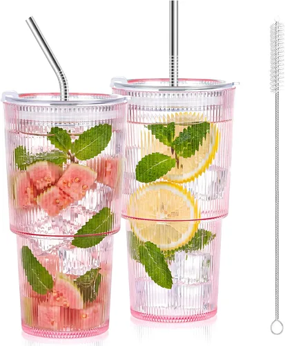 Vista 11 de 2 vasos de plástico de 15 onzas con tapas y pajita, tazas de plástico reutilizables para café helado, a prueba de fugas, vasos de viaje para café