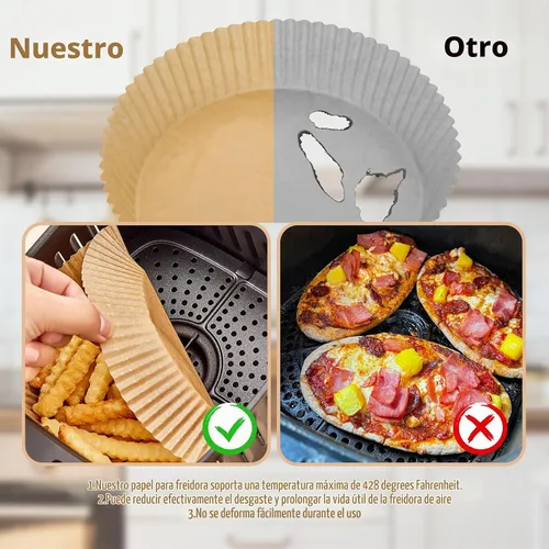 Vista 3 de 100 piezas de forro de papel desechable para freidora de aire, forros de papel de pergamino antiadherentes redondos para freidora de aire, papel