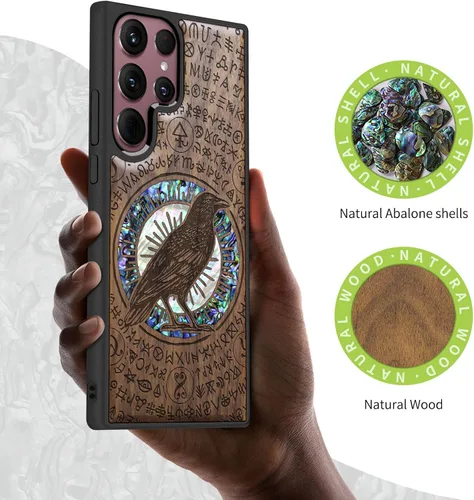 Vista 2 de Carveit Funda de madera para Samsung Galaxy S22 Ultra [grabado de madera e incrustaciones de carcasa] Funda de madera compatible con cargadores