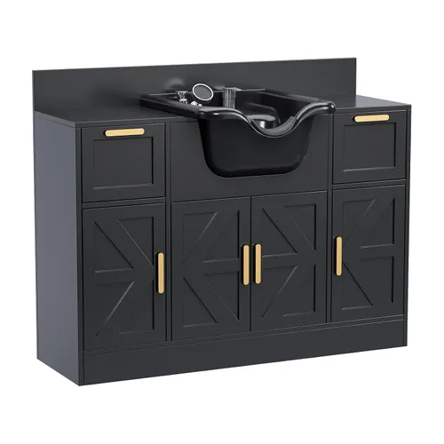 Vista 12 de OmySalon Cuenco de champú con gabinete, estación húmeda de salón con pulverizador, gabinete de champú, fregadero portátil para lavado de cabello