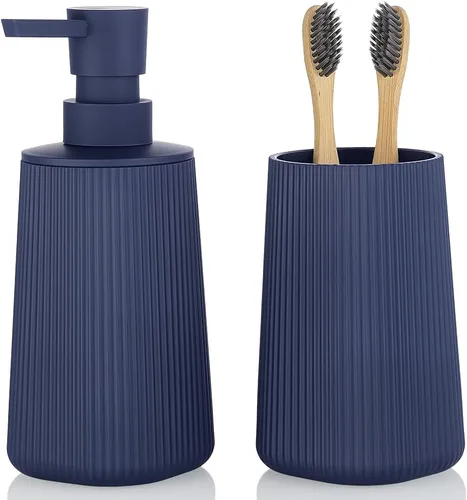 Vista 12 de YAUKPH Dispensador de jabón de baño y soporte para cepillos de dientes a rayas negro