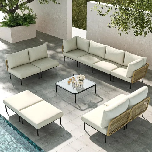 Vista 53 de LayinSun Juego de muebles de patio de aluminio de 7 piezas, sofá modular moderno con mesa auxiliar y cojín de grosor mejorado Gris claro