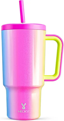 Vista 55 de Meoky - Vaso de 30 oz con asa, tapa y pajilla, taza de viaje térmica de acero inoxidable 100% a prueba de fugas, para portavasos, mantiene el frío