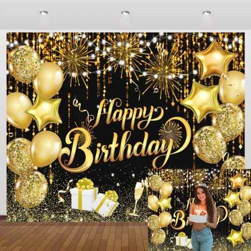 Vista 9 de Telón de fondo de feliz aniversario de 10 x 8 pies con purpurina negra y dorada para aniversario, letrero de aniversario para mujeres y hombres