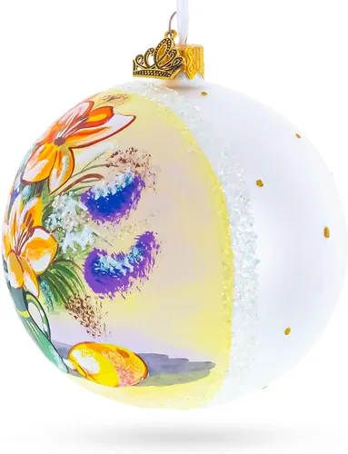 Vista 3 de Florero floral obra maestra adorno de bola de cristal 4 pulgadas Hand Painted in Ukraine, German Glass, Italian Paints, Hanging Ribbon, Gift Tag