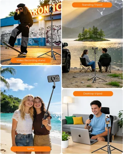 Vista 4 de Trípode magnético para selfie stick de 72 pulgadas para iPhone MagSafe, soporte de trípode extensible para teléfono con control remoto Bluetooth