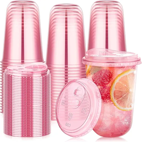 Vista 9 de KesaPlan Paquete de 50 vasos de plástico azul de 12 onzas con tapas para sorber, vasos de vino desechables sin popote para café helado, cócteles