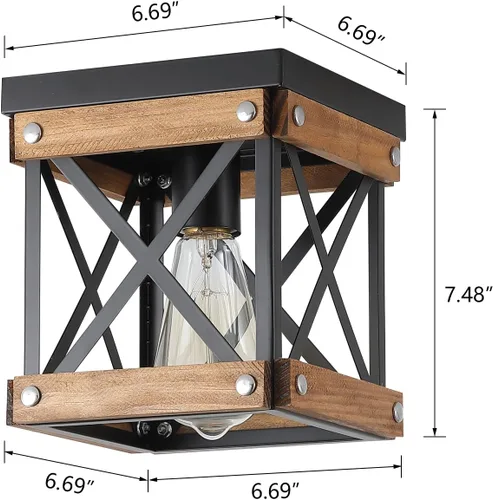 Vista 4 de Lámpara de techo rústica de madera de granja, jaula cuadrada de madera de roble y metal, pequeña lámpara de techo semiempotrada para cocina