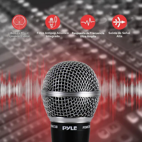 Vista 3 de Pyle Micrófono dinámico profesional, paquete de 2 micrófonos de mano unidireccionales con filtro pop integrado, salida de señal alta, cable de audio