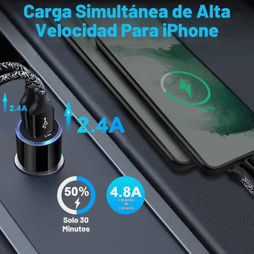 Vista 2 de Cargador de coche USB, 2 unidades de 4.8 A de carga rápida de doble puerto USB para iPhone 15 14 13 12 11 Pro Max SE XR X 8 7 6, iPad, Samsung