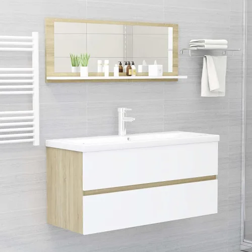 Vista 4 de Espejo rectangular de pared contemporáneo, espejo rectangular montado en la pared, espejo de baño blanco y roble Sonoma de 39.4 x 4.1 x 14.6