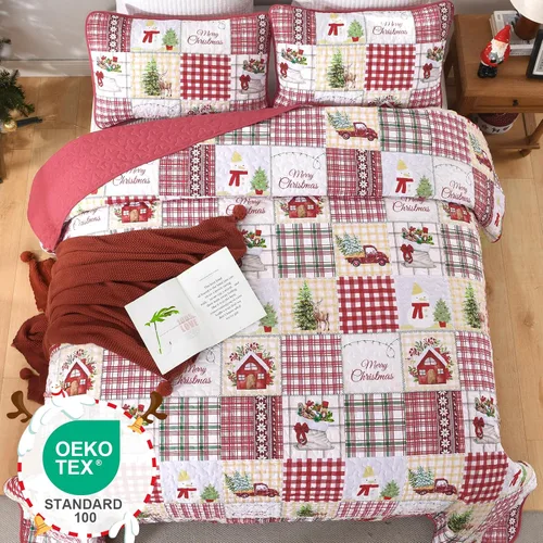 Vista 3 de Luxudecor Juego de edredón de Navidad tamaño Queen de 3 piezas, colcha de Navidad de retazos rojos con fundas de almohada, colcha reversible suave