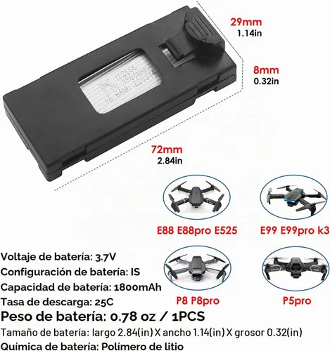 Vista 2 de 3 unids 3.7 V 1800 mAh Li-po batería para E88 E88PRO E88MAX E525 E99 E99PRO P1 P5PRO K3 S1 P8 BD101 RC Drone Batería de repuesto RC Quadcopter