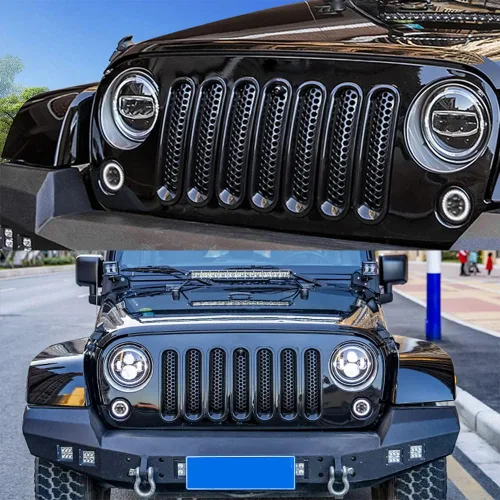 Vista 6 de ASUBHA 7 piezas de insertos de malla para parrilla frontal, color negro mate, cubierta protectora de malla frontal con clip, compatible con Jeep JK