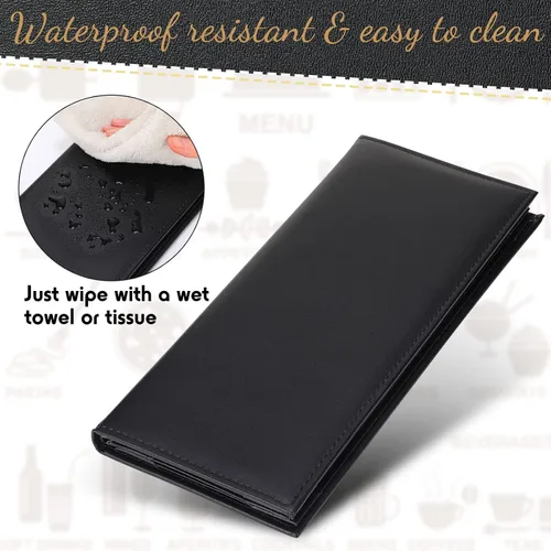 Vista 4 de Jexine Fundas negras de menú impermeables para restaurante, cafetería, bar, de piel sintética, libro de menú de 4 pliegues con esquinas en ángulo