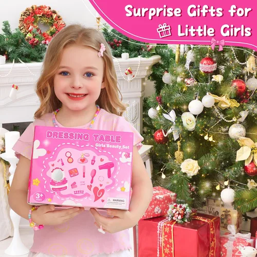 Vista 7 de VGOFUN Juguetes de peluquería para niñas, 27 piezas, juego de salón de belleza para niños, mini tocador con espejo y luz, secador de pelo
