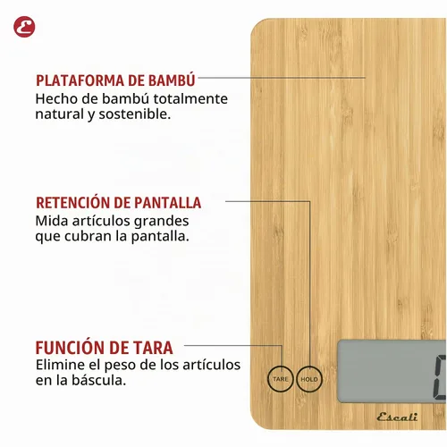 Vista 2 de Escali Arti balanza digital hasta 15 libras/7 kilogramos, Bambú natural