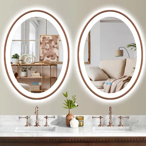 Vista 7 de Espejo de madera ovalado LED de 20 x 30 pulgadas con marco de madera clara, espejo de tocador iluminado ovalado con luces para baño, memoria 30 x 20