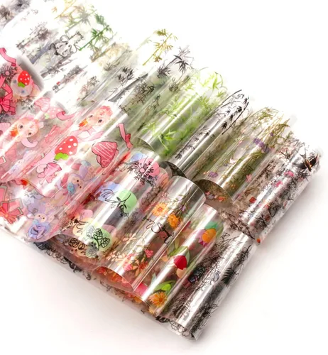 Vista 4 de 10 rollos de calcomanías de transferencia de flores, hojas de lámina de uñas con patrón de pintura de tinta de bambú para decoraciones y suministros