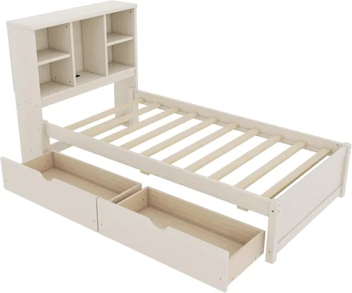 Vista 7 de SOFTSEA Twin Size Kids Bed Frame with Storage Drawers, Wood Platform Bed with Storage Headboard and Charging Station, No Box Spring Needed, Cream