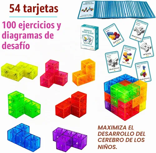 Vista 7 de Bloques de construcción magnéticos, cubos magnéticos 3D, juego de 7 bloques magnéticos de múltiples formas con 54 tarjetas guía, juguetes educativos