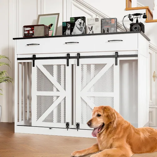 Vista 11 de Muebles de jaula para perros pequeños, perrera de interior, mesa de madera para perros con cajones de almacenamiento, jaula resistente para perros