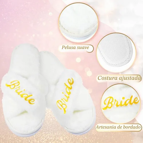 Vista 4 de JenPen 7 pares de pantuflas peludas para damas de honor con banda cruzada Blanco