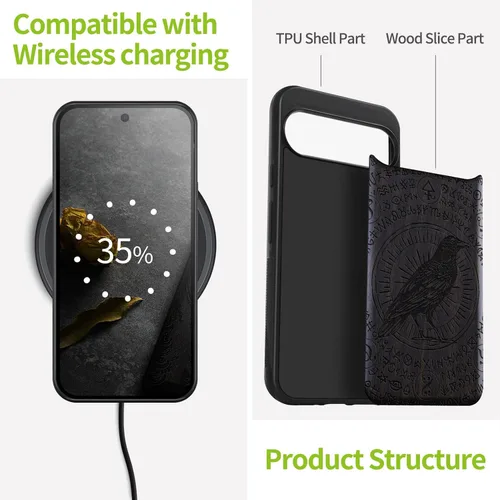Vista 4 de Carveit Funda de madera para Pixel 9 Pro [madera natural y TPU suave negro] a prueba de golpes, funda de madera única compatible con Google Pixel 9