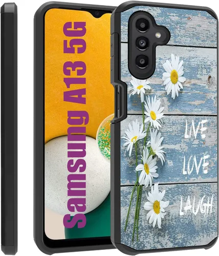 Vista 9 de Funda para Galaxy A13 5G/Galaxy A04S, diseño de tablero de madera rústica con estampado de patas de perro, resistente 2 en 1, de doble capa, híbrida