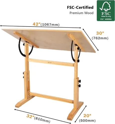 Vista 3 de DJAR Mesa de dibujo de madera ajustable de 42 x 30 pulgadas y escritorio de Natural