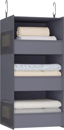Vista 9 de Organizador y almacenamiento de armario colgante de 3 estantes, estantes plegables colgantes para armario, diseño de borde frontal, almacenamiento