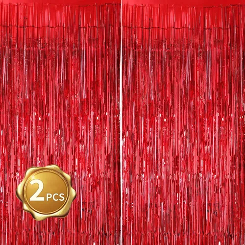 Vista 17 de BEISHIDA Paquete de 2 cortinas de flecos de aluminio, cortinas metálicas de oropel negro, cortina de fondo de fotos para Halloween, boda, despedida