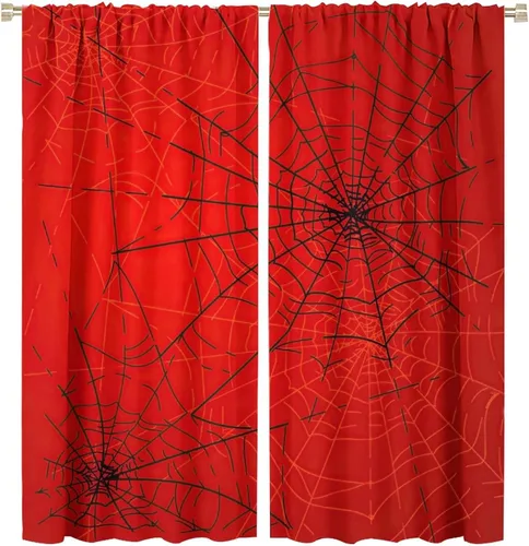 Vista 87 de Cortinas opacas de tela de araña aterradora para niños, tela de araña en blanco y negro, fondo rojo, dormitorio de niños, guardería, decoración