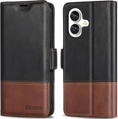 Vista 15 de KEZiHOME Funda de piel auténtica compatible con iPhone 16, con bloqueo RFID, con soporte para tarjetas, función atril magnético, funda protectora