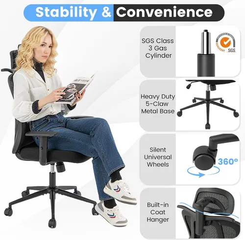 Vista 9 de COSTWAY Silla de oficina de malla, sillas ergonómicas de escritorio para computadora con reposacabezas 3D, reposabrazos ajustables y soporte lumbar