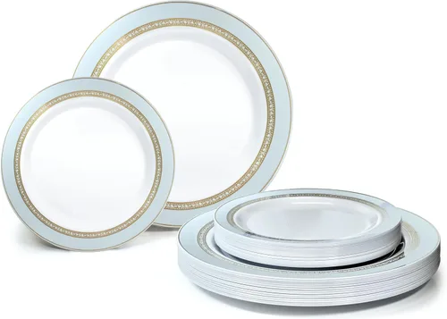 Vista 11 de OCASIONES" Paquete de 50 platos (25 invitados) - Juego de platos de plástico desechables pesados para fiestas de boda - 25 x 10.5'' cena + 25 x
