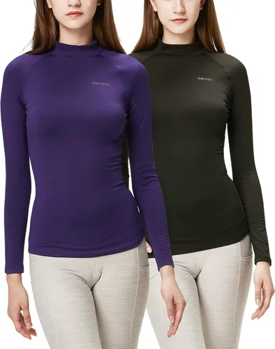 Vista 16 de DEVOPS Paquete de 2 camisetas térmicas de cuello alto de manga larga de compresión para mujer capa base negro / negro